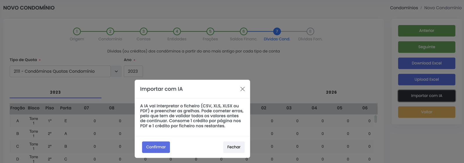 Importar dívidas com IA no assistente de novo condomínio