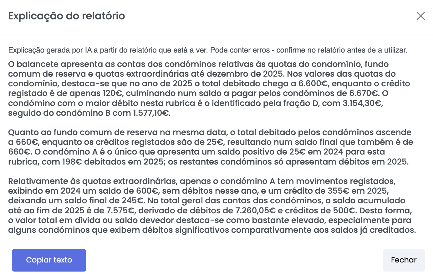Explicação de um relatório gerada com IA