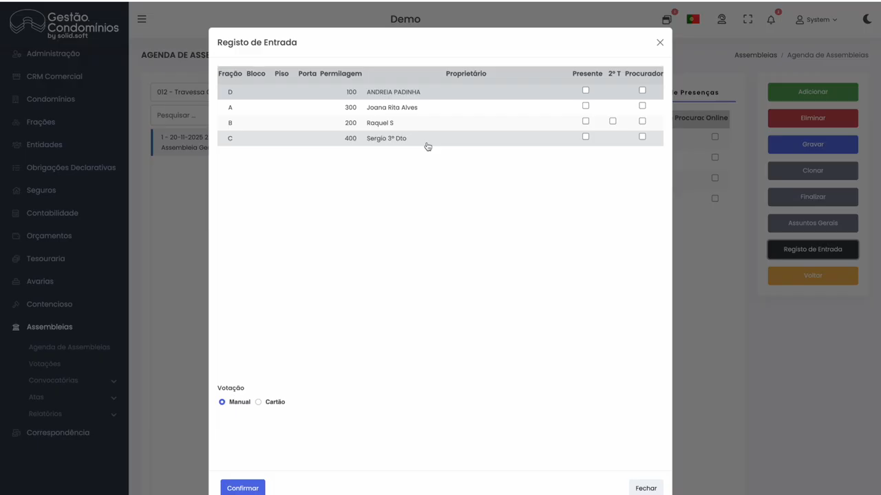 Registo de entrada dos condóminos