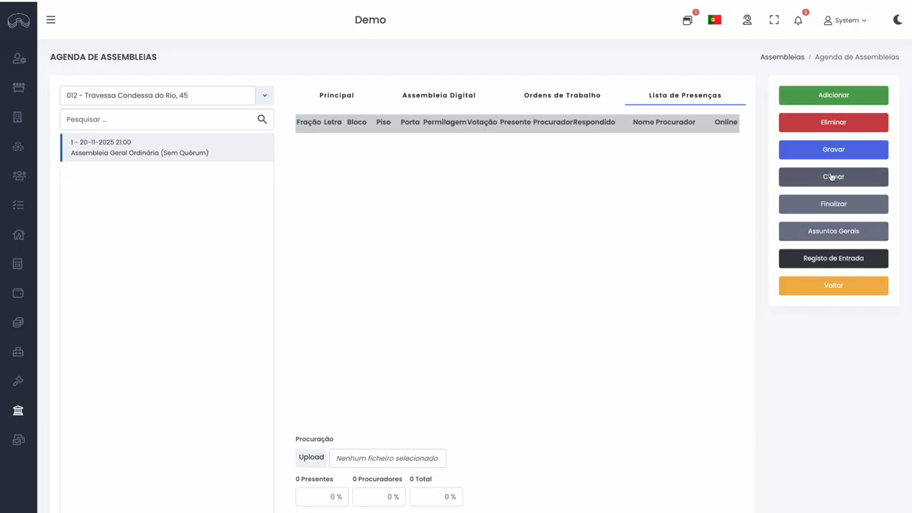 Opções adicionais da assembleia